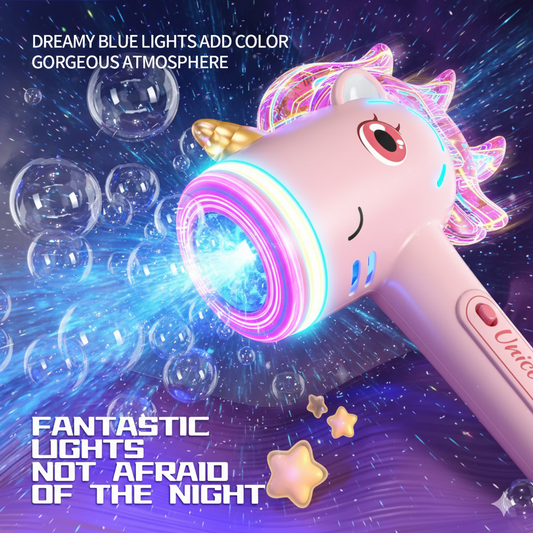 Infinite Vortex Unicorn Bubble Blaster: 360° Automatic Magic Wand with Neon Lights for Toddler Birthday Party & Outdoor Play