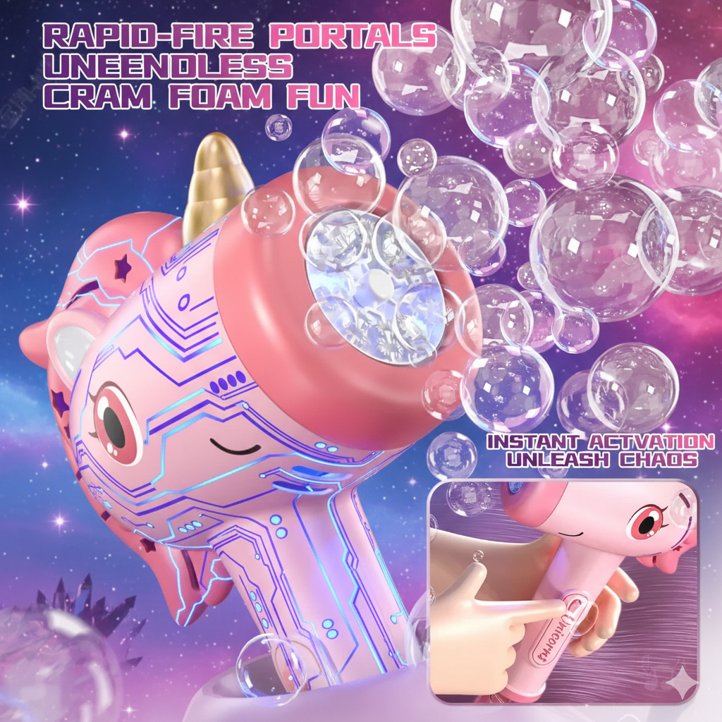 Infinite Vortex Unicorn Bubble Blaster: 360° Automatic Magic Wand with Neon Lights for Toddler Birthday Party & Outdoor Play